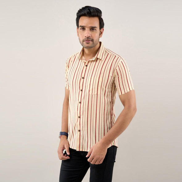 Men Cream Regular Fit Cotton Striped Casual Shirt