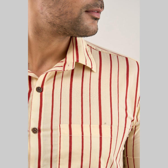 Men Cream Regular Fit Cotton Striped Casual Shirt - Frionkandy