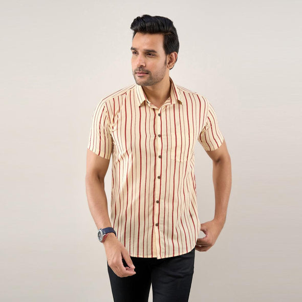 Men Cream Regular Fit Cotton Striped Casual Shirt - Frionkandy