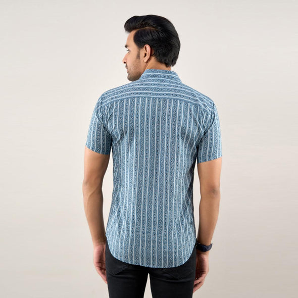 Men Navy Blue Regular Fit Cotton Striped Casual Shirt