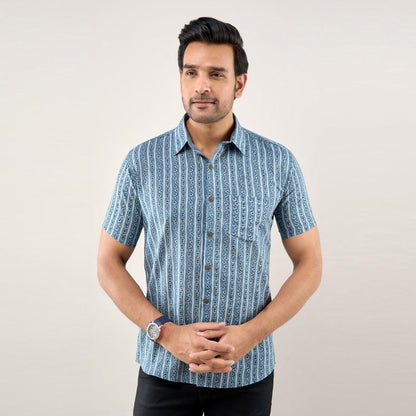 Men Navy Blue Regular Fit Cotton Striped Casual Shirt - Frionkandy