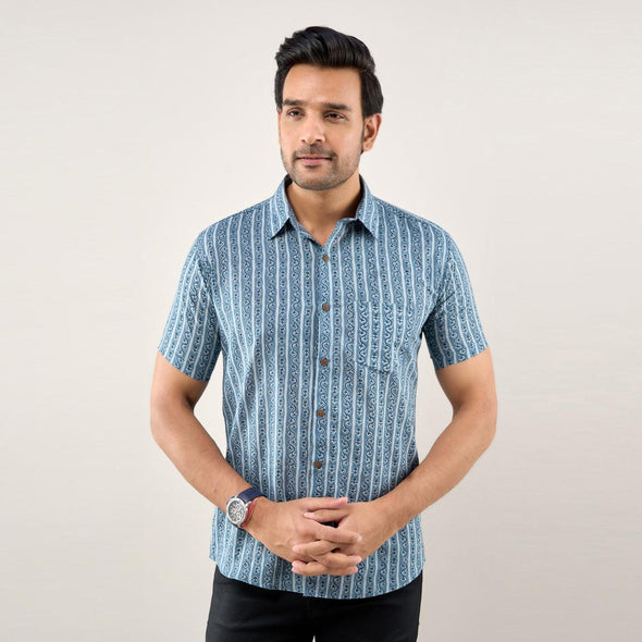 Men Navy Blue Regular Fit Cotton Striped Casual Shirt
