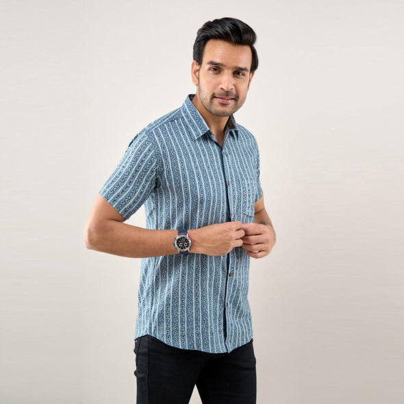 Men Navy Blue Regular Fit Cotton Striped Casual Shirt - Frionkandy