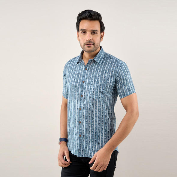 Men Navy Blue Regular Fit Cotton Striped Casual Shirt - Frionkandy