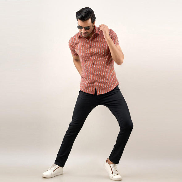Men Brown Regular Fit Cotton Striped Casual Shirt