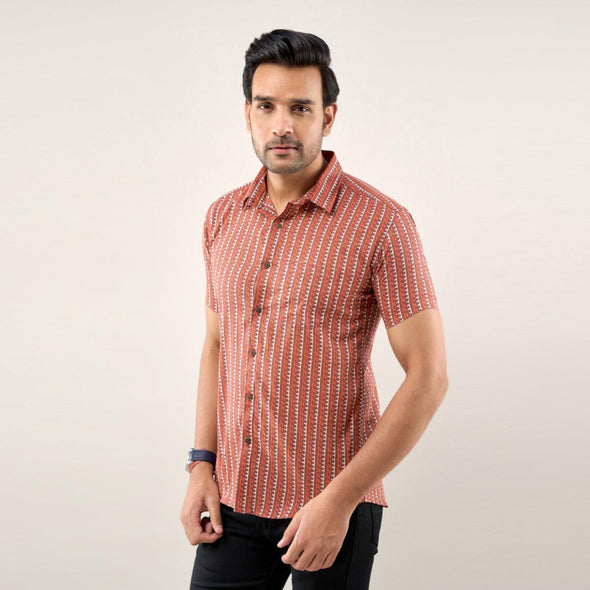 Men Brown Regular Fit Cotton Striped Casual Shirt