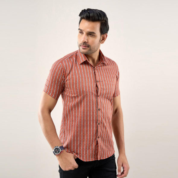 Men Brown Regular Fit Cotton Striped Casual Shirt
