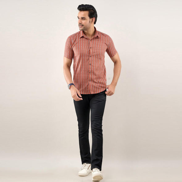 Men Brown Regular Fit Cotton Striped Casual Shirt