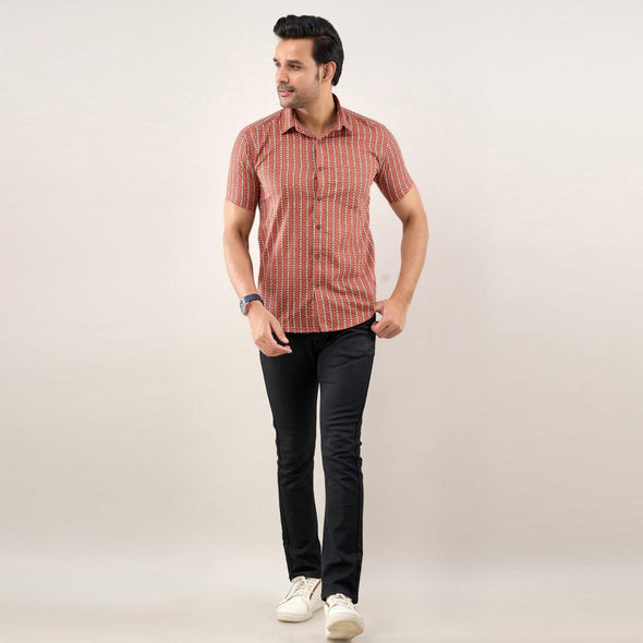 Men Brown Regular Fit Cotton Striped Casual Shirt - Frionkandy