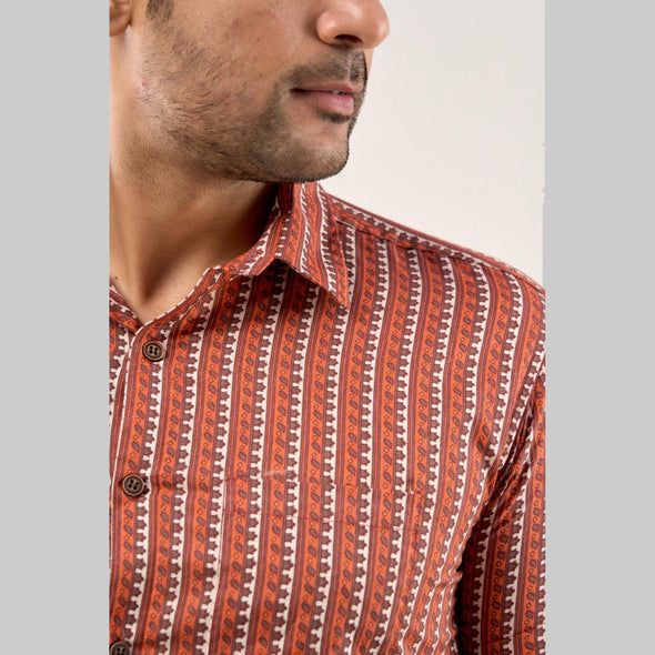 Men Brown Regular Fit Cotton Striped Casual Shirt