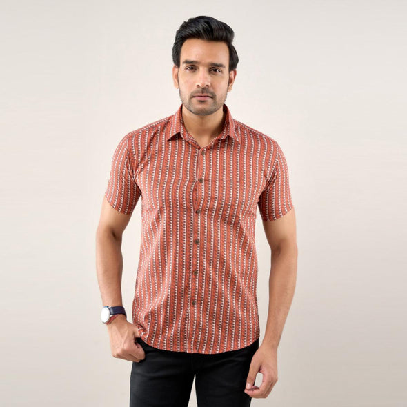 Men Brown Regular Fit Cotton Striped Casual Shirt