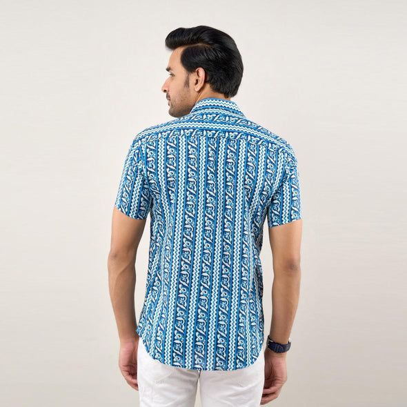 Men Blue Regular Fit Cotton Printed Casual Shirt - Frionkandy