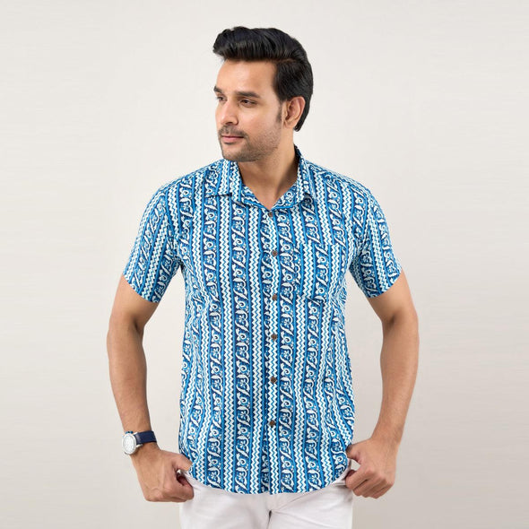 Men Blue Regular Fit Cotton Printed Casual Shirt