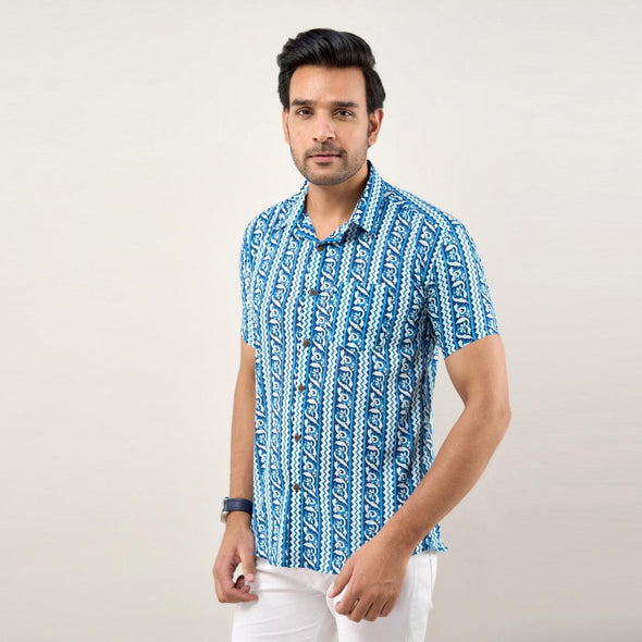 Men Blue Regular Fit Cotton Printed Casual Shirt