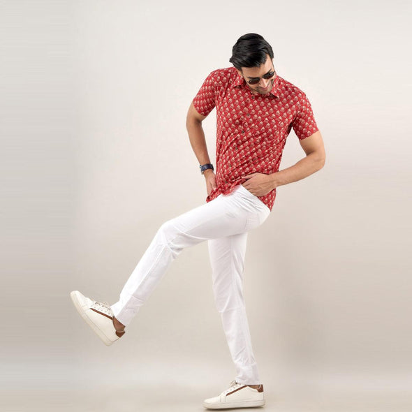 Men Maroon Regular Fit Cotton Floral Casual Shirt