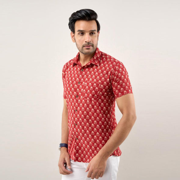 Men Maroon Regular Fit Cotton Floral Casual Shirt