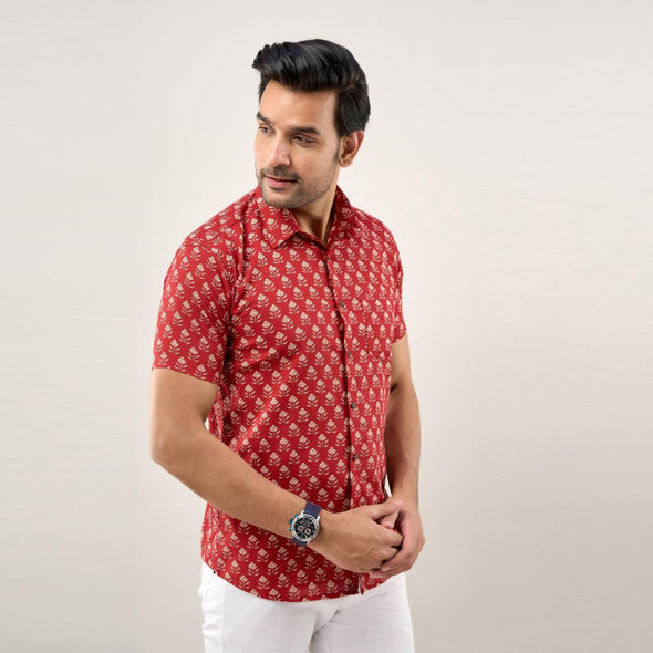 Men Maroon Regular Fit Cotton Floral Casual Shirt - Frionkandy
