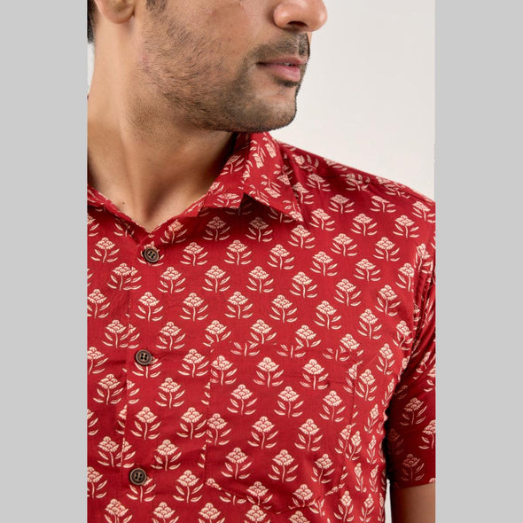 Men Maroon Regular Fit Cotton Floral Casual Shirt
