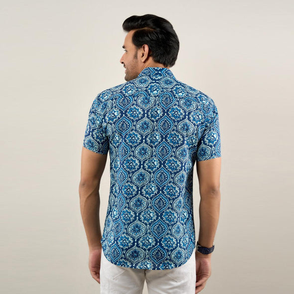 Men Indigo Blue Regular Fit Cotton Printed Casual Shirt (SHKN1035)