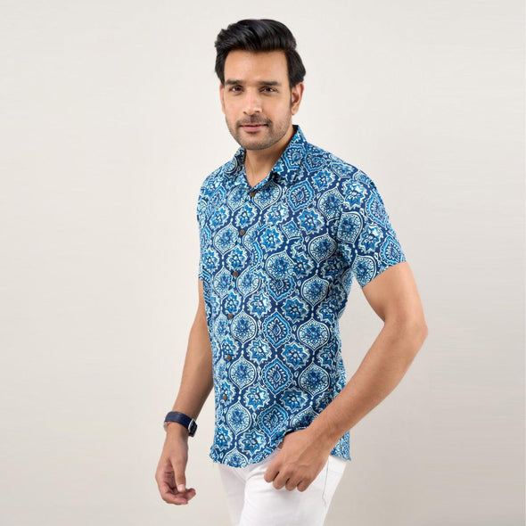 Men Indigo Blue Regular Fit Cotton Printed Casual Shirt (SHKN1035)