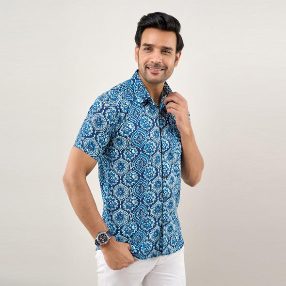 Men Indigo Blue Regular Fit Cotton Printed Casual Shirt (SHKN1035)