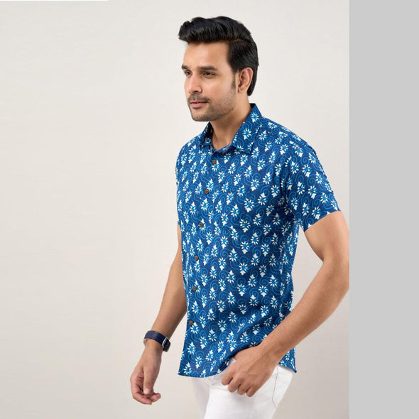 Men Indigo Blue Regular Fit Cotton Printed Casual Shirt (SHKN1036)