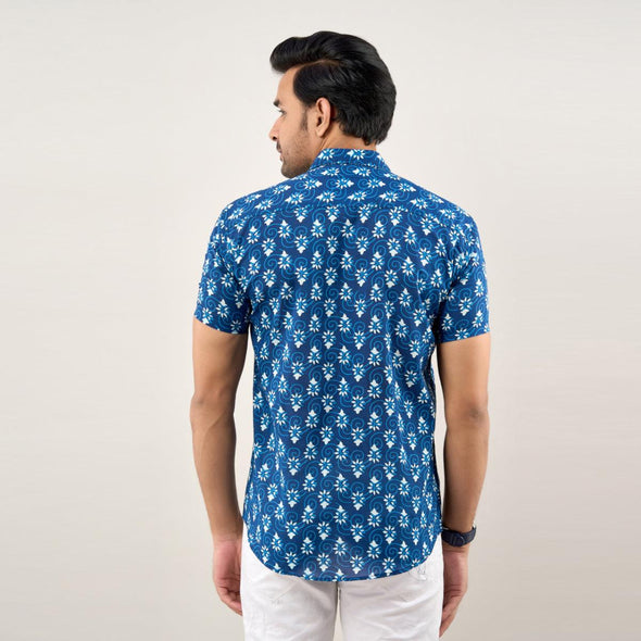 Men Indigo Blue Regular Fit Cotton Printed Casual Shirt (SHKN1036)