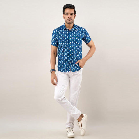 Men Indigo Blue Regular Fit Cotton Printed Casual Shirt (SHKN1036)