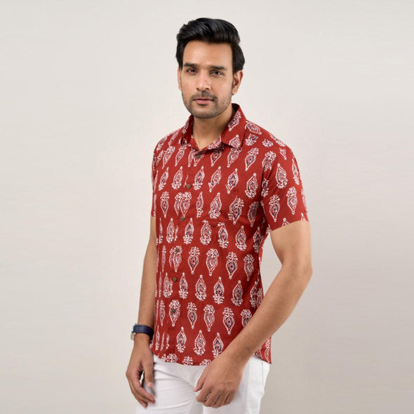 Men Maroon Regular Fit Cotton Ethnic Casual Shirt