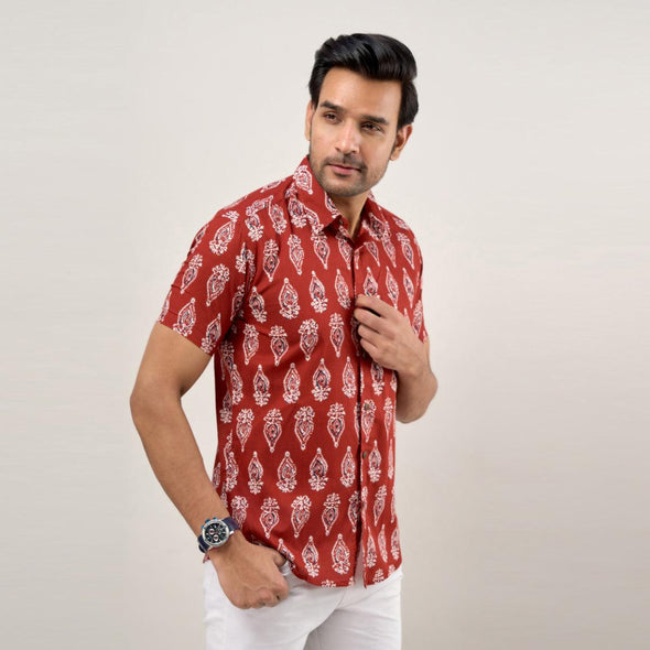 Men Maroon Regular Fit Cotton Ethnic Casual Shirt - Frionkandy