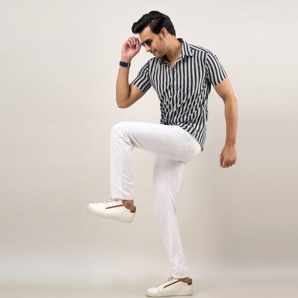 Men Black Regular Fit Cotton Striped Casual Shirt