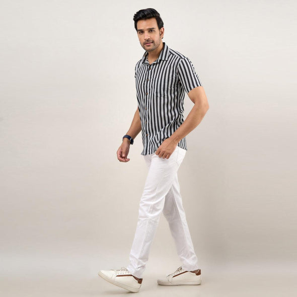 Men Black Regular Fit Cotton Striped Casual Shirt