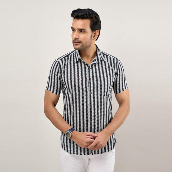 Men Black Regular Fit Cotton Striped Casual Shirt