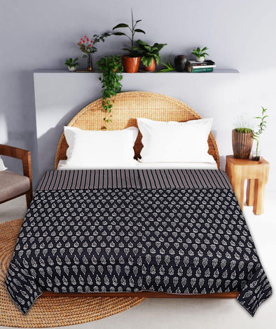 Black Handblock Floral Print 240 TC Cotton Double Bed Dohar (SHKR1014) - Frionkandy