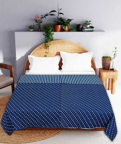 Indigo Blue Floral Print 240 TC Cotton Double Bed Dohar (SHKR1023) - Frionkandy