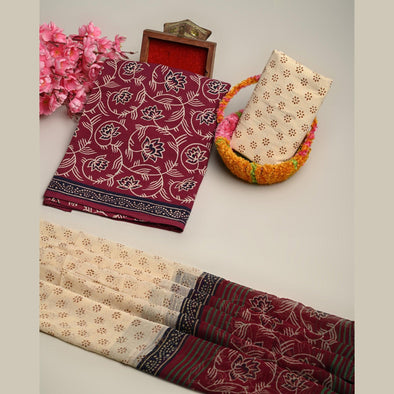 Traditional Screen Print Cotton Unstitched Suit With Cotton Dupatta (Maroon)