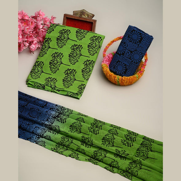 Traditional Screen Print Cotton Unstitched Suit With Cotton Dupatta (Green)
