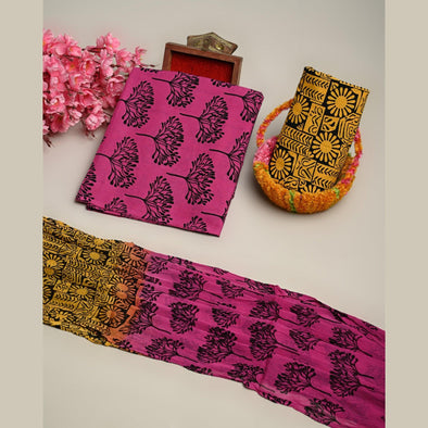 Traditional Screen Print Cotton Unstitched Suit With Cotton Dupatta (Purple)