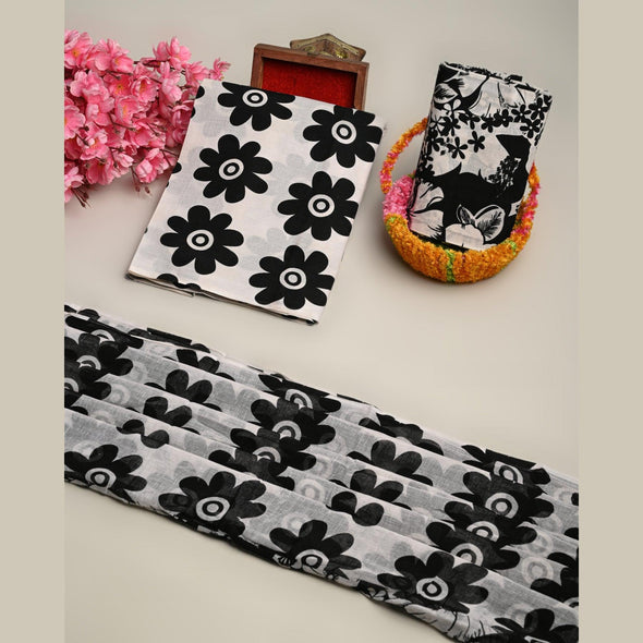 Traditional Screen Print Cotton Unstitched Suit With Cotton Dupatta (Black)