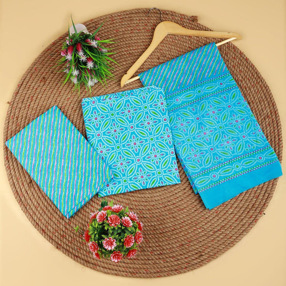 Traditional Screen Print Cotton Unstitched Suit With Cotton Dupatta Aqua Blue-SHKS1075