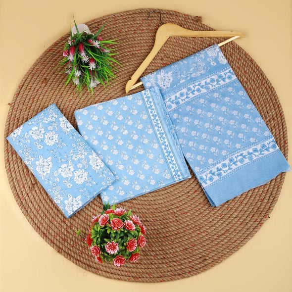 Traditional Screen Print Cotton Unstitched Suit With Cotton Dupatta Light Blue-SHKS1079
