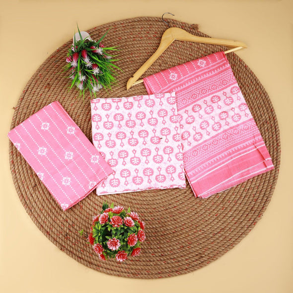 Traditional Screen Print Cotton Unstitched Suit With Cotton Dupatta Pink-SHKS1082