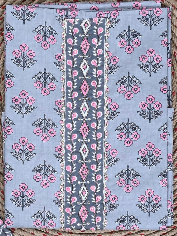 Traditional Screen Print Cotton Unstitched Suit With Cotton Dupatta Grey-SHKS1083