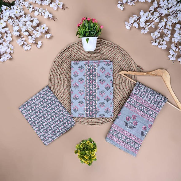 Traditional Screen Print Cotton Unstitched Suit With Cotton Dupatta Grey-SHKS1083