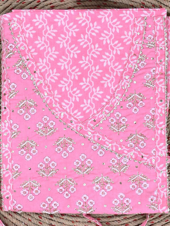 Traditional Screen Print Cotton Unstitched Suit With Cotton Dupatta Pink-SHKS1084