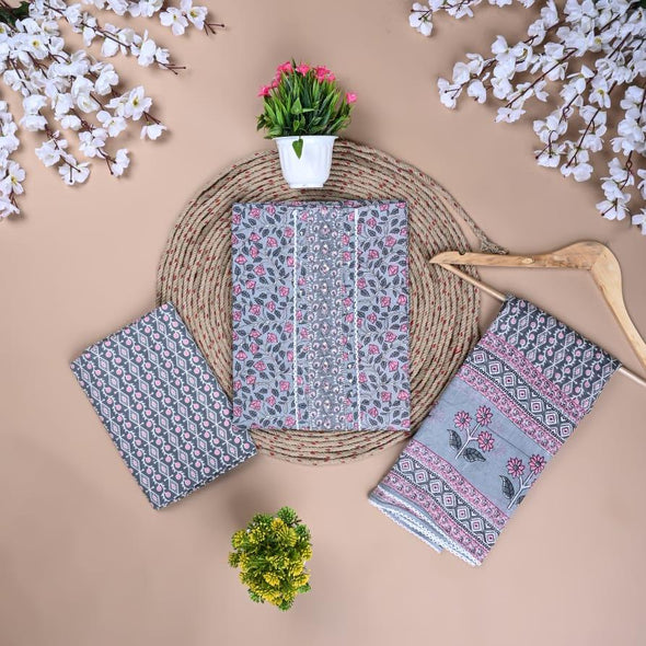 Traditional Screen Print Cotton Unstitched Suit With Cotton Dupatta Grey-SHKS1085