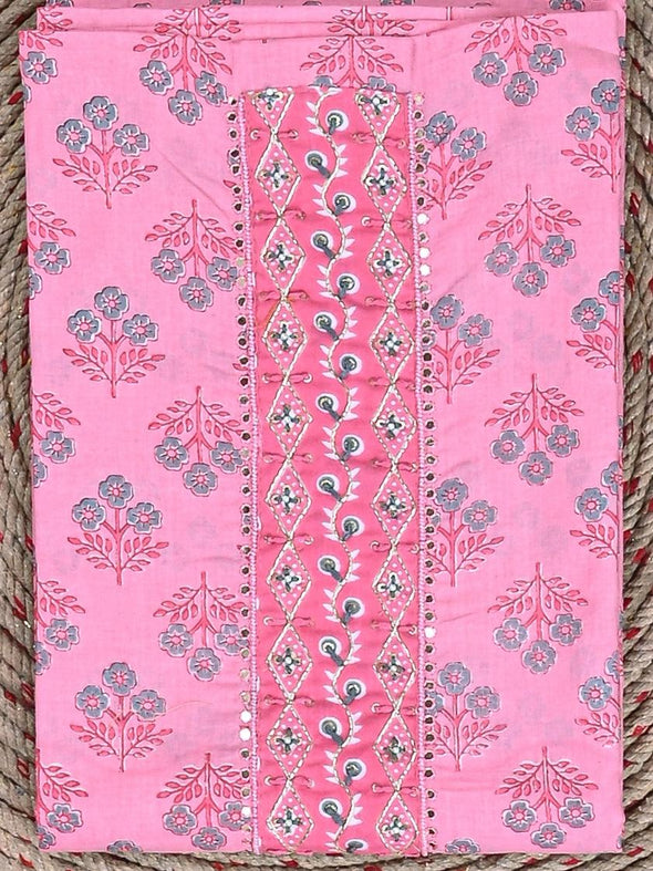 Traditional Screen Print Cotton Unstitched Suit With Cotton Dupatta Pink-SHKS1086