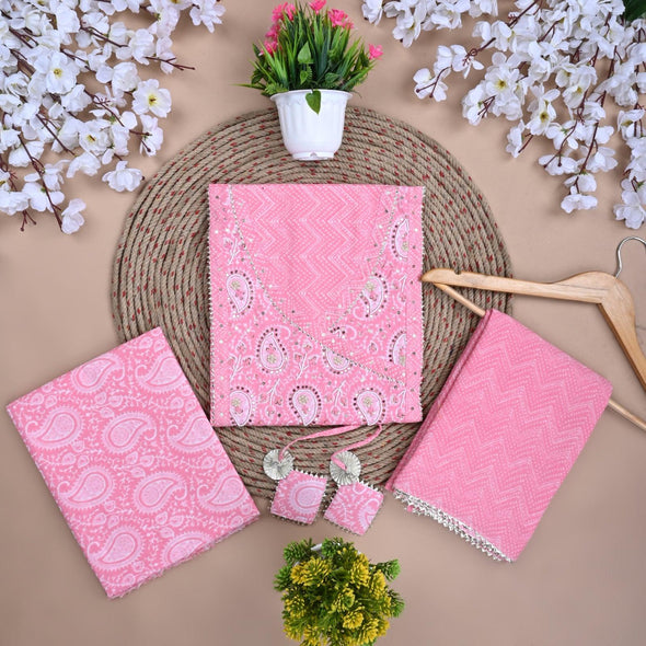 Traditional Screen Print Cotton Unstitched Suit With Cotton Dupatta (Pink-SHKS1091) - Frionkandy