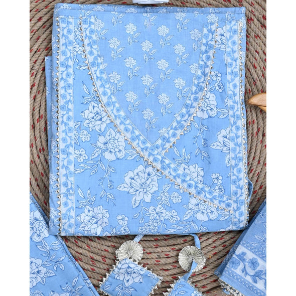 Traditional Screen Print Cotton Unstitched Suit With Cotton Dupatta (Sky Blue-SHKS1092) - Frionkandy