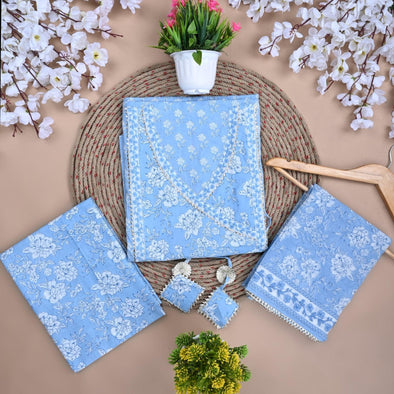Traditional Screen Print Cotton Unstitched Suit With Cotton Dupatta Sky Blue-SHKS1092